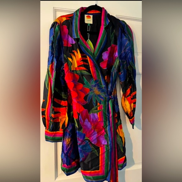 Farm Rio Black Flower Season Scarf Mini Wrap Dress - Picture 2 of 2